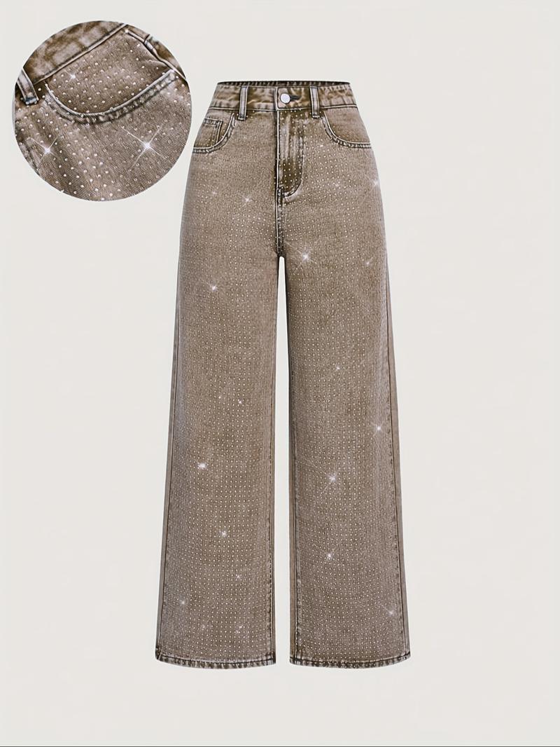 Women's Elegant High-Waisted Wide-Leg Jeans, with Rhinestone Embellished, All-Season Fitted Woven Fabric Fashion Pants