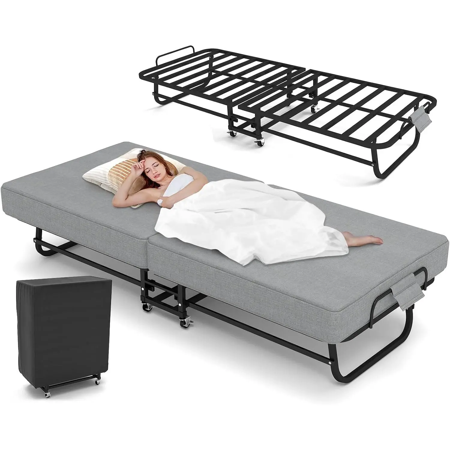 Adult Folding Roll Away Bed with Memory Foam Mattress, 75"x31" Metal Frame Portable Guest Bed on Wheels, Space-Saving Indoor Furniture