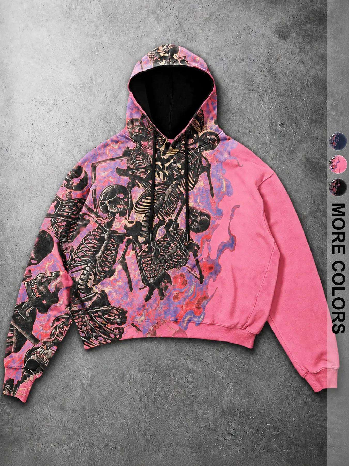 Men’s hooded sweatshirt with dark skull flame print, vintage worn patchwork design, loose short-sleeve top, fashionable streetwear, Vintage Graphic Hoodie