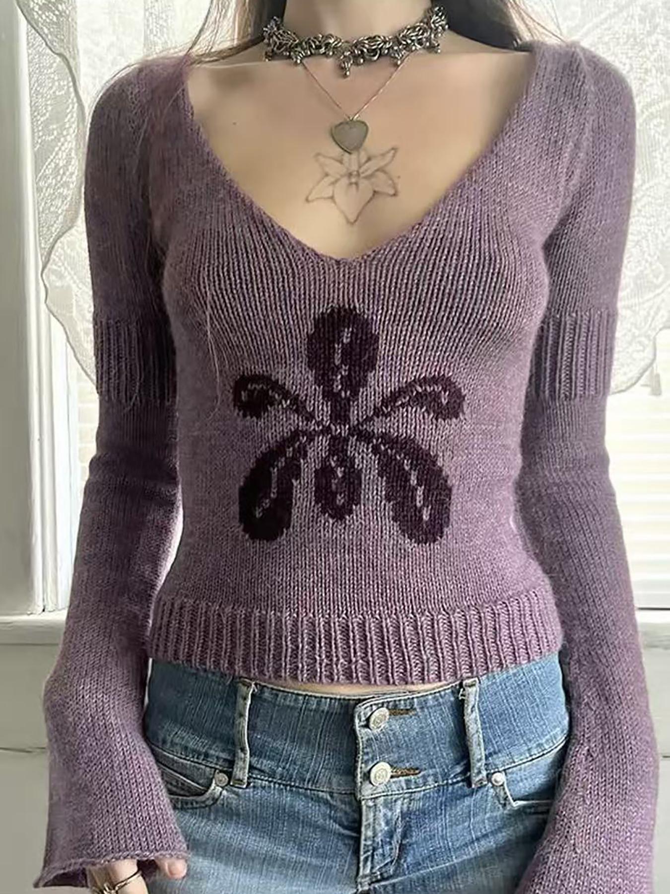 Elegant V Neck Floral Long Sleeve Knitwear Sweater for Women, Slim Fit Casual Top with Chic Unique Design, Perfect for Spring & Fall Fashion