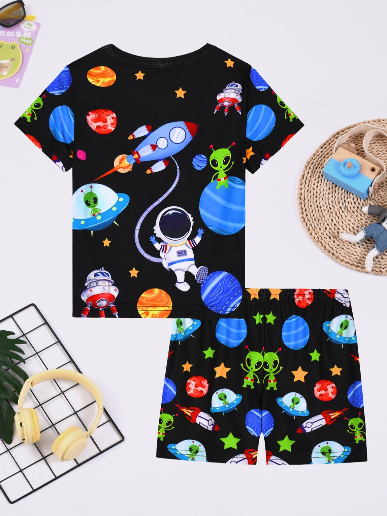 Boys Round Neck Short Sleeve Shorts Digital Print Space Planet Alien Fashion Casual Comfortable Fitted Home Sleepwear Set
