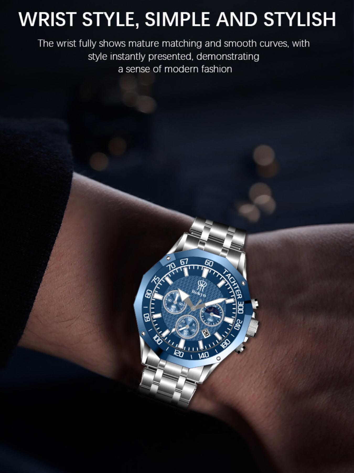 Rokyn Multifunctional Steel Band Quartz Watch, Waterproof Night Glow Moon Phase Timer, Men's Three Eye Six Needle Wristwatch