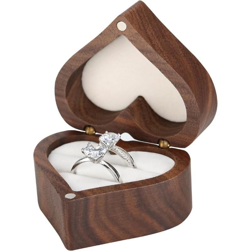 Wooden Heart Shape Ring Gift Box, Personalized Vintage Wood Jewelry Box, 2 Slot, for Proposal, Engagement, Wedding, Anniversary