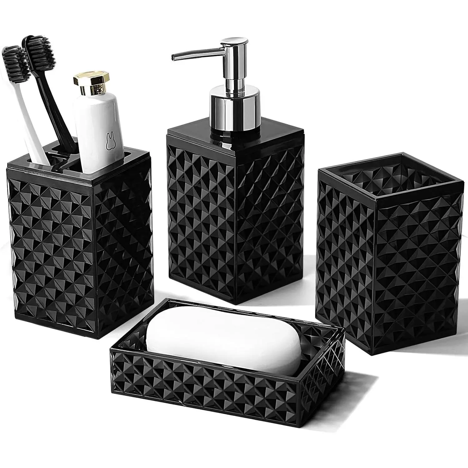 4-Piece Matte Black Bathroom Accessories Set with Acrylic Soap Dispenser & Toothbrush Holder, Modern Countertop Decor for Bathroom SinkGift