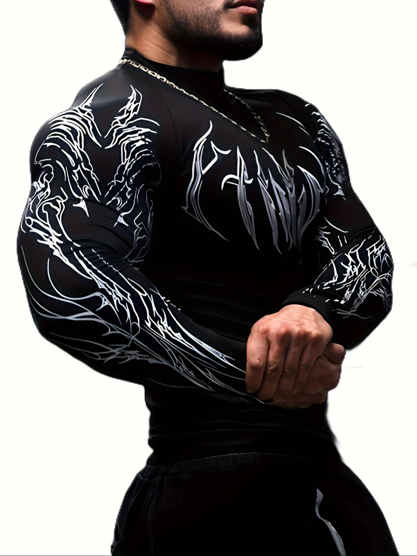 Men'S Gym Wear Compression Long Sleeve Shirt - High Neck Muscle Fitness Tee with Geometric Print, Contrast Design, Stretchy & Slim Fit for Gym, Running, Sports Apparel, Athletic Compression Shirts | Athletic Shirt