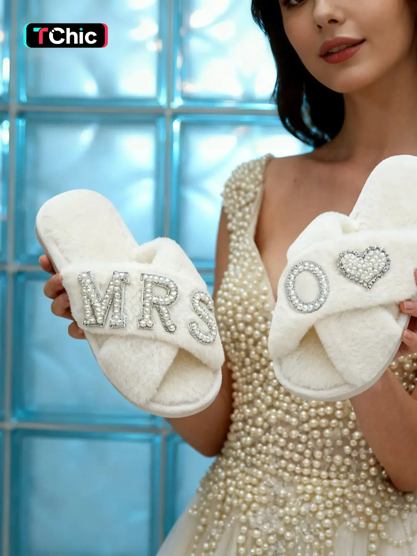 MRS. O Bridal Morning Slippers | Cross Band White Faux Fur Slippers for Wedding X-Strap Plush Slippers with Pearl Rhinestone Heart Design, Customizable Letter O, Perfect Gift for Bridesmaids and Women Footwear