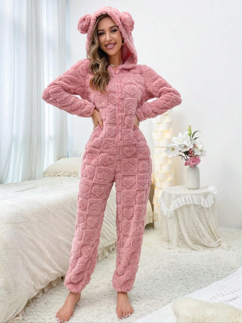 Women's Plush Onesie Pajamas Set, Long Sleeve Hooded Jumpsuit with Ears Design, Autumn Winter Warm Sleepwear for Ladies