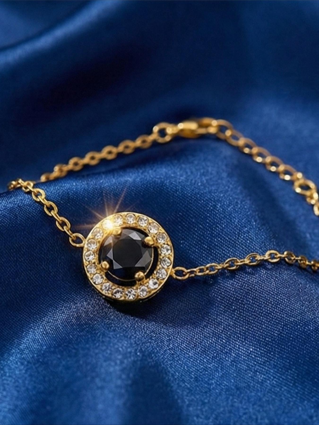 1pc 0.5Carat Classic Round Cut Black Synthetic Moissanite Golden Bracelet with Fashionable Design, Suitable for Daily Commutes and Holiday Gifts. Also Suitable As A Valentine's Day Gift, Comes with A Box.