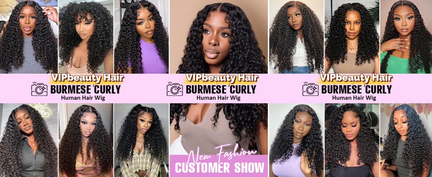 VIPbeauty Burmese Curly 13x4/13x6 Full Lace Frontal Wigs Human Hair 200% Density 16A Raw Burmese Curly Human Hair Wet and Wavy Pre Plucked Transparent Lace Frontal Human Hair Wigs  with Spiral End Natural Color