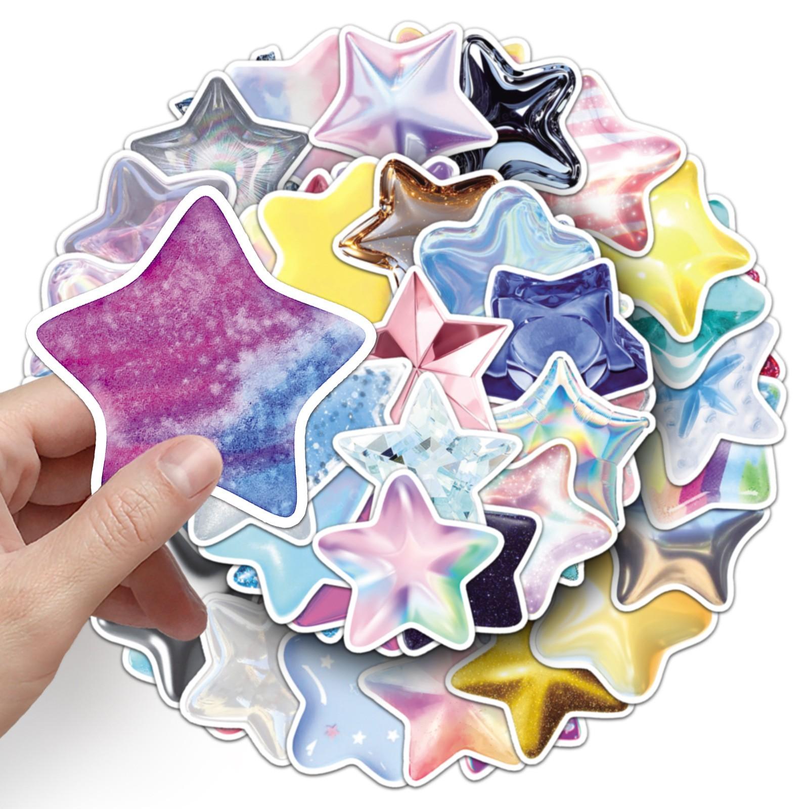 50pcs 3D Star Stickers, Holographic Glitter Star Waterproof Vinyl Decals, Cute Aesthetic Stickers for Laptop, Water Bottle, Luggage, DIY Scrapbook, Journal