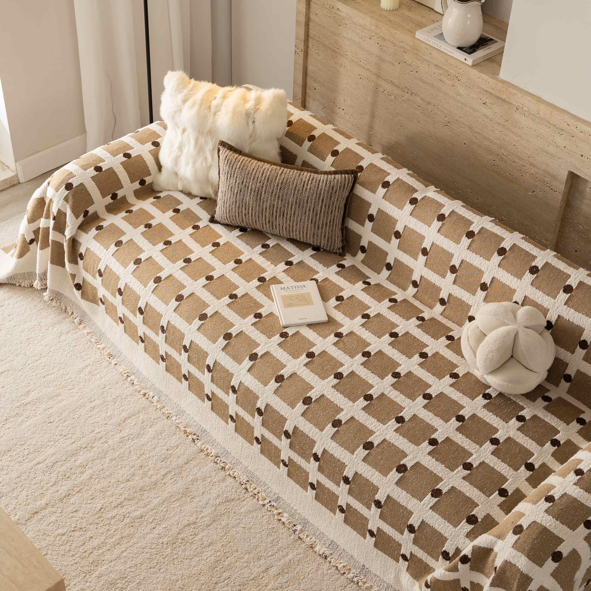 Thick Half-Fleece Sofa Cover, Vintage Checkered Sofa Towel, All-Season Universal Sofa Set, Anti-Scratch, Anti-Dirt, Anti-Slip, Boho Style