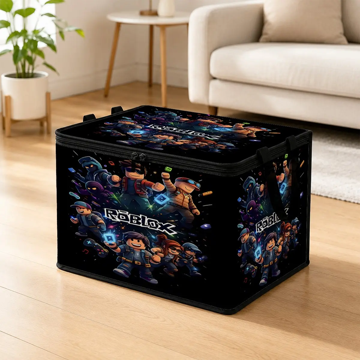 Roblox Black Gaming Character Printed Foldable Storage Box with Lid, Large Capacity Organizer Bin for Clothes, Toys & Game Room Storage