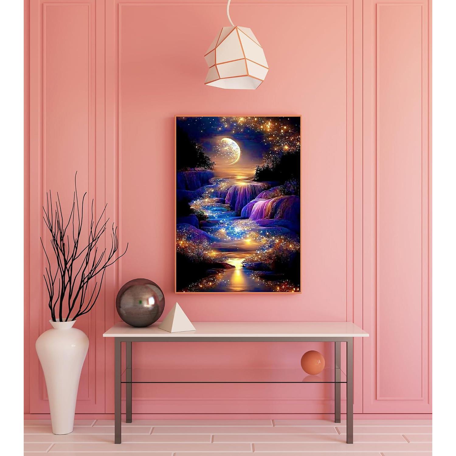 Adult 5D Diamond Painting Kit, Moonlight Waterfall DIY Full Round Drill Landscape, Home Wall Decor, 12x16 Inches, Includes Diamond Stickers