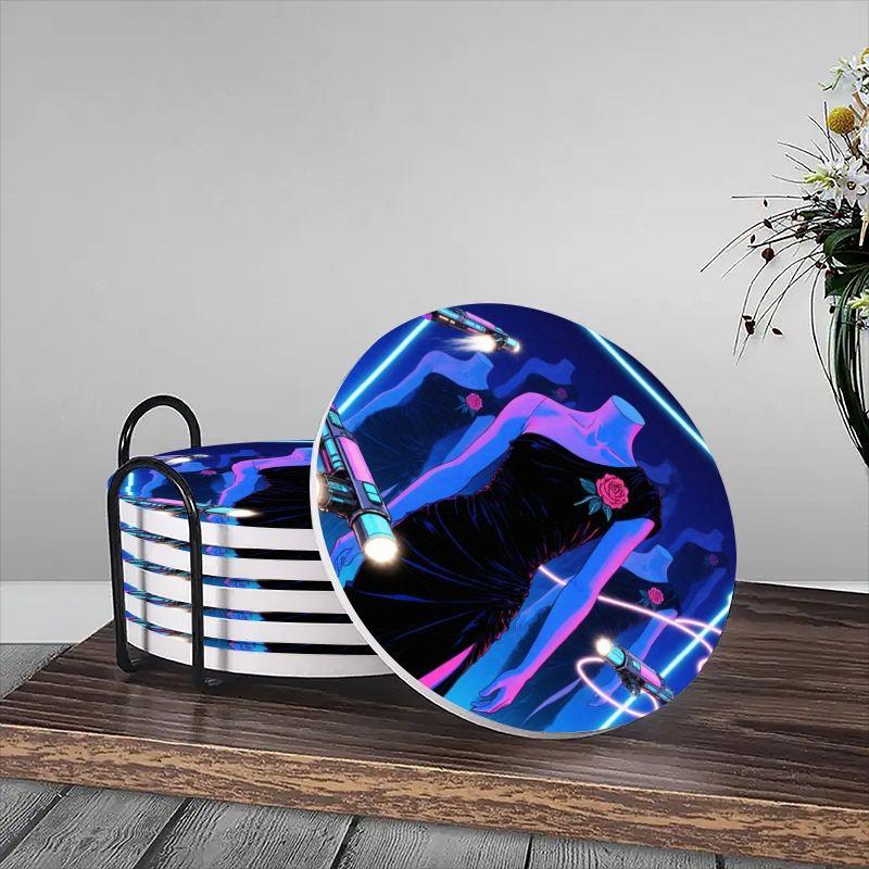 6-piece ceramic coaster set, futuristic theme: black off-the-shoulder dress with neon guns, heat-resistant and non-slip coasters with holders, perfect for home, dining, and as beverage mats.