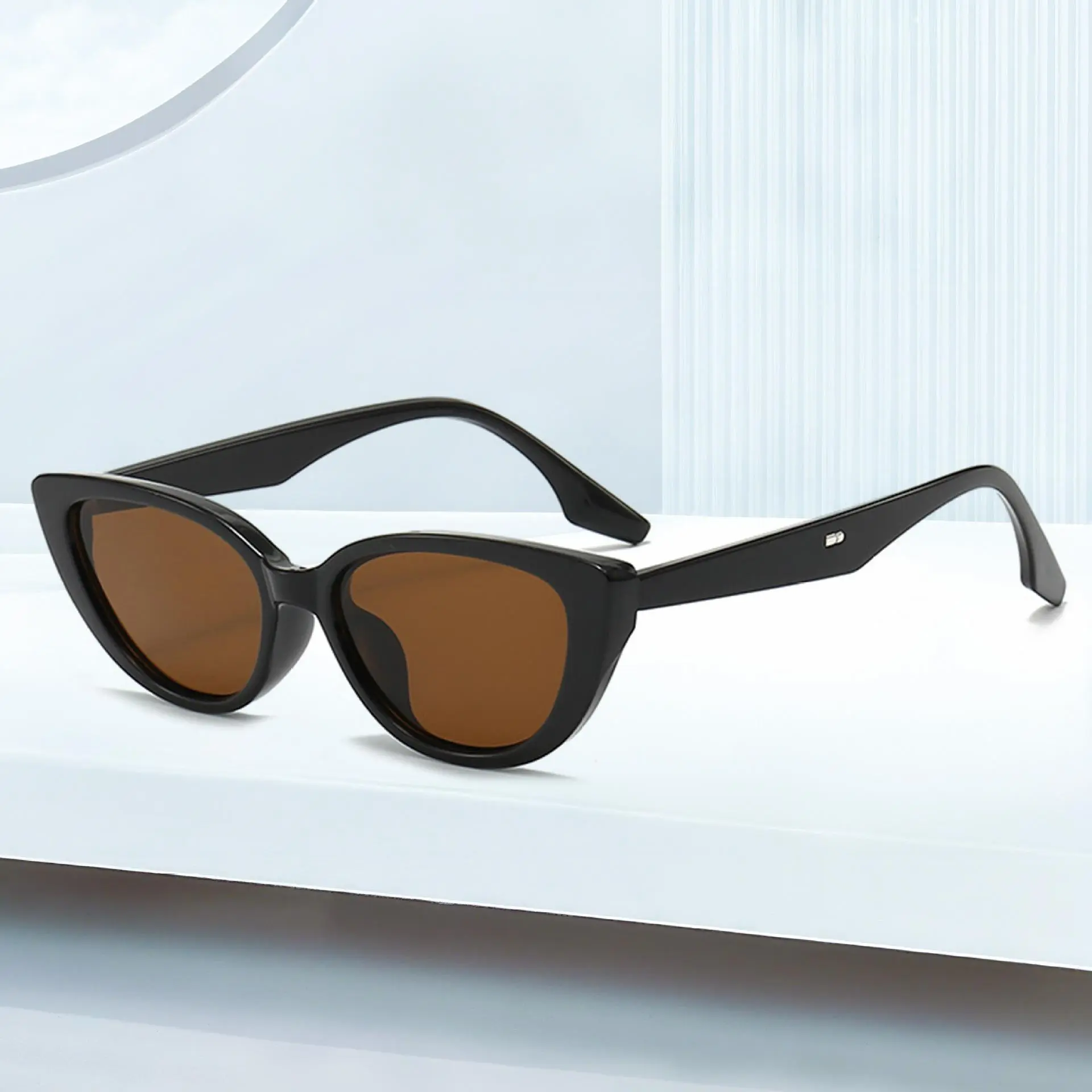 Women's Retro Cat-Eye Sunglasses - Female UV Protection Sunglasses with PA Frames, Semi Rimless Black Frames, Brown Lenses, Ideal for Summer Outings, Driving