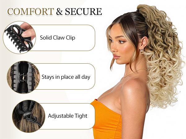 ORSUNCER HAIR Ponytail Extension 18 Inch Claw Clip ponytail extension Ombre Brown Soft Curly Clip on Ponytails for Women Natural Synthetic Layered Pony Tails Hair Extensions Easy To Go