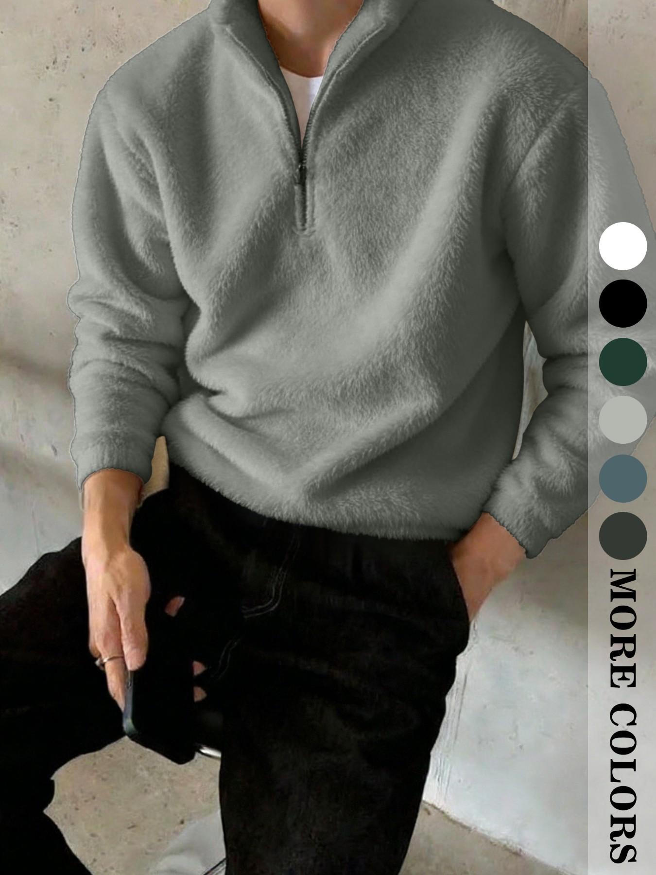 Men's Quarter Zip Fleece Pullover Sweatshirt, Solid Color Plain Long Sleeve, Casual Style, Perfect for Daily Wear and Outdoor Activities