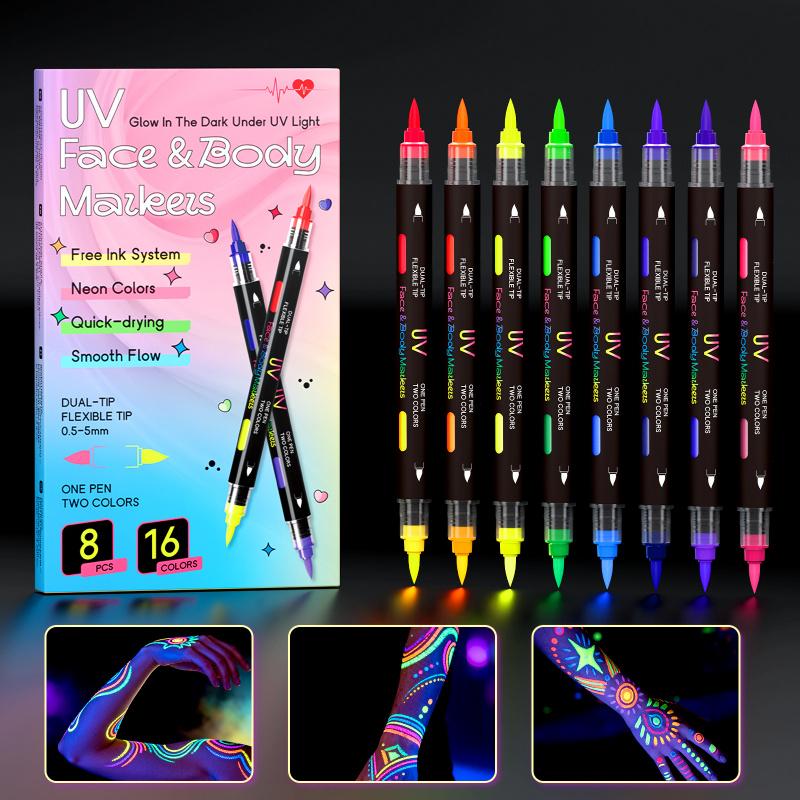 Glow in The Dark Face Paint Markers 8Pack 16 Colors, Black Light Neon Body Paint Pens for Skin, Washable Formula UV Temporary Tattoo for Birthday Glow Party Supplies Halloween Makeup Easter Basket Stuffers
