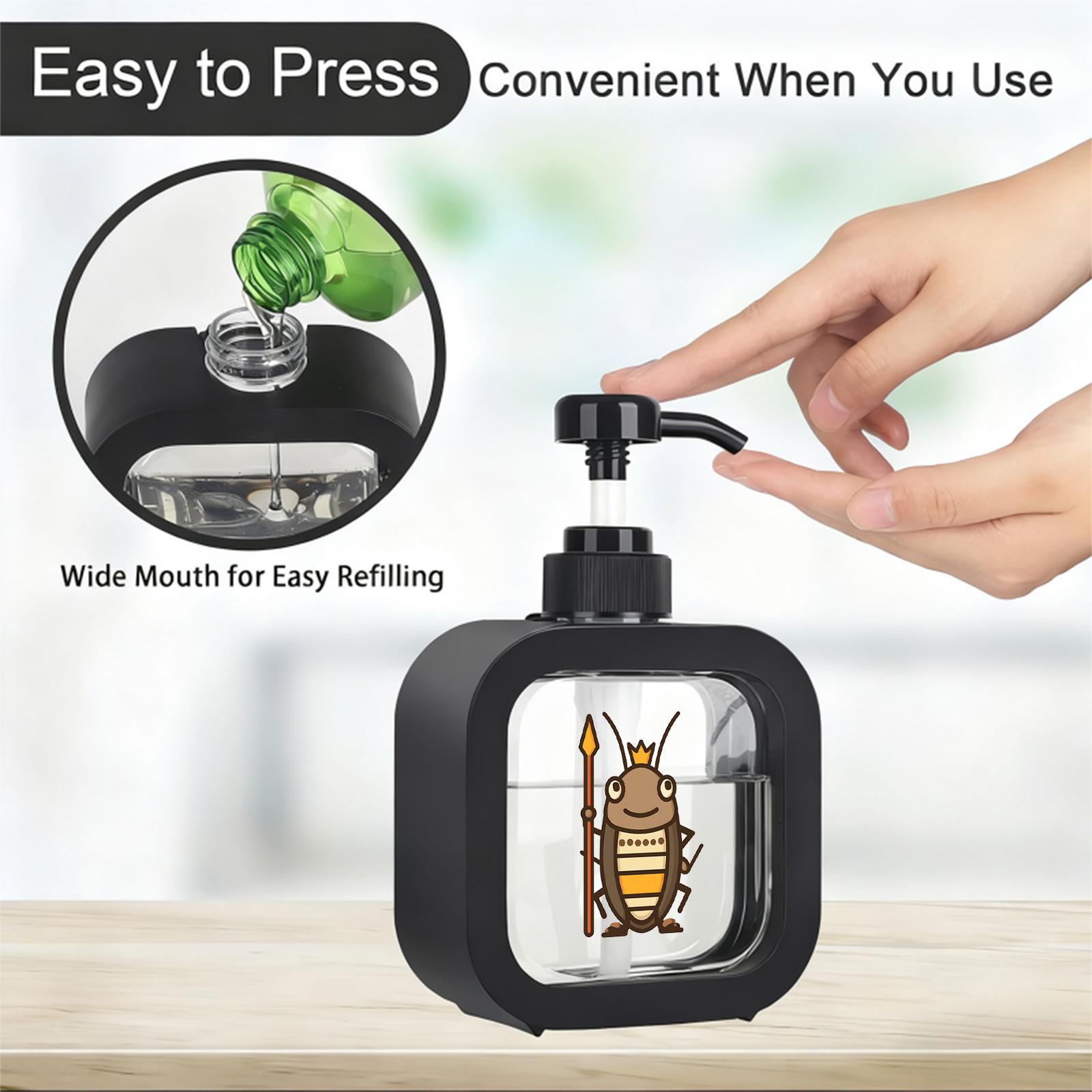 Friendly King Cockroach Pump Dispenser - Refillable Soap/Sanitizer Container for Bathroom and Kitchen - Durable Plastic with Easy Pump Action - Cute Cartoon Design, Perfect for Kids' Spaces