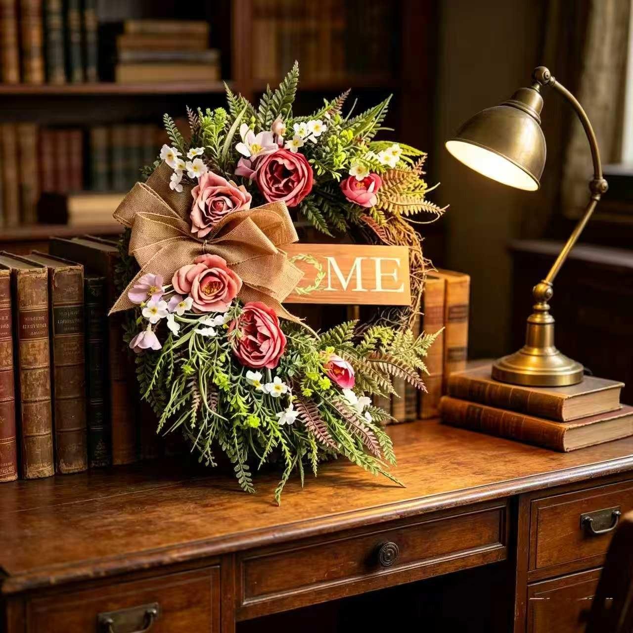 Neutral Color Farmhouse Style Wreath with Peony Flowers, Home Signboard, Hemp Cloth Bow, All-Season Decor for Porch, Living Room, Entryway