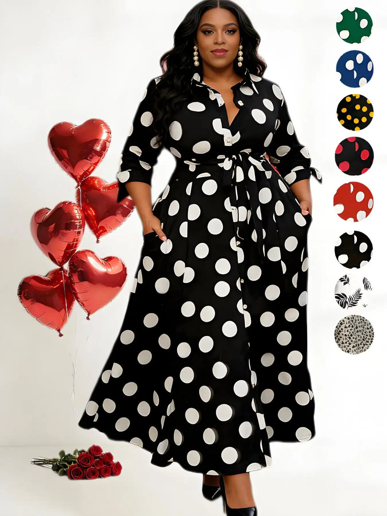 Long High-Waisted A-Line Dress, Plus Size Three-Quarter Sleeve, Invisible Pocket, Flattering Fit, Versatile Fashion