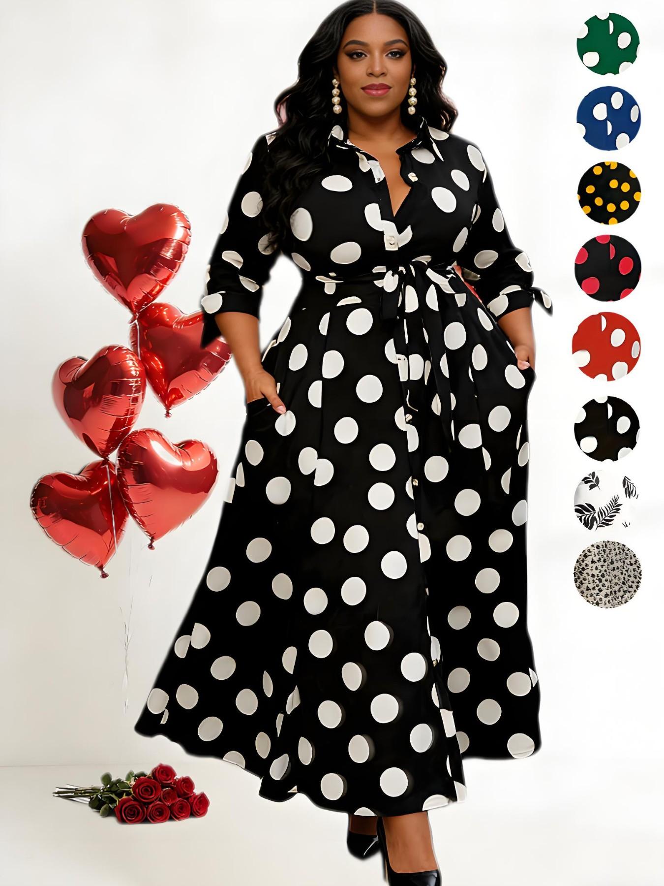 Plus Size Polka Dot Print Belted Button Front Shirt Dress, Elegant 3/4 Sleeve Tie Front High Waist Long Dress for Vacation Holiday Party, Women's Clothes for Summer Plus Size Polka Dot Print Belted Button Front Shirt Dress, Elegant 3/4 Sleeve Tie Front High Waist Long Dress for Vacation Holiday Party, Women's Clothes for Summer