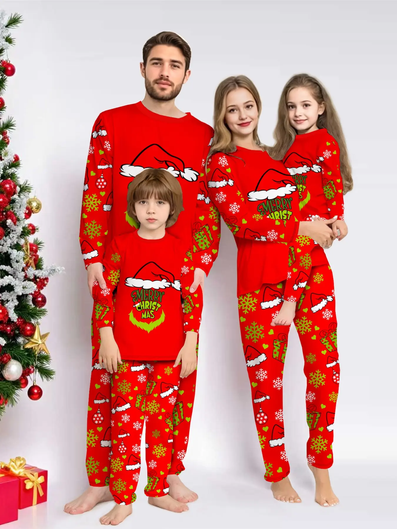 2-Piece Christmas Pajama Set, Long Sleeve and Pants, Santa Hat Print, Couples Sleepwear, Men Women Kids, Holiday Family