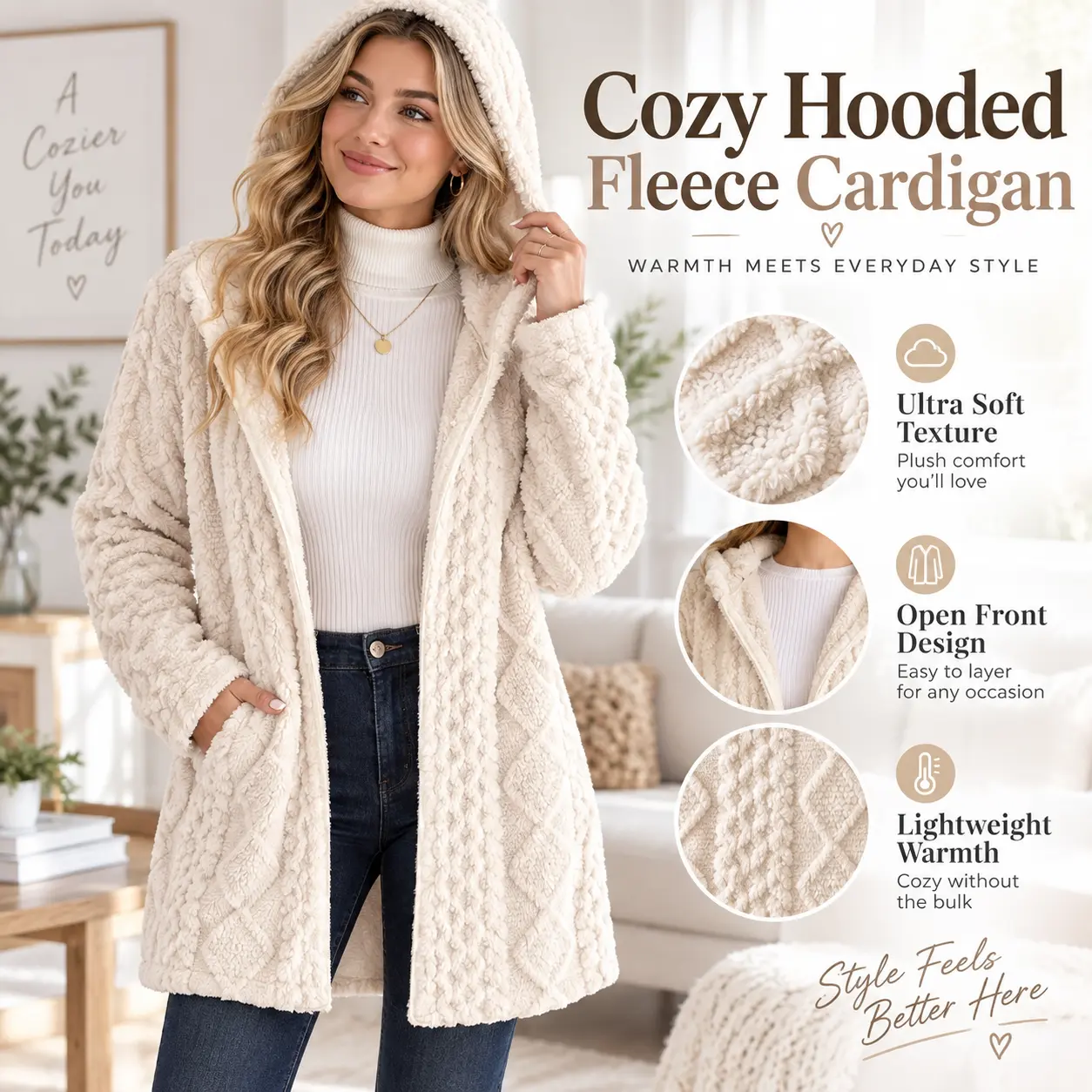 Women’s Fuzzy Sherpa Hooded Cardigan, Soft Plush Fleece Open Front Coat, Long Sleeve Mid-Length Relaxed Fit Jacket, Cozy Fall Winter Outerwear, Warm Teddy Jacket for Women, Casual Daily Wear, Travel, Weekend, Office & Layering