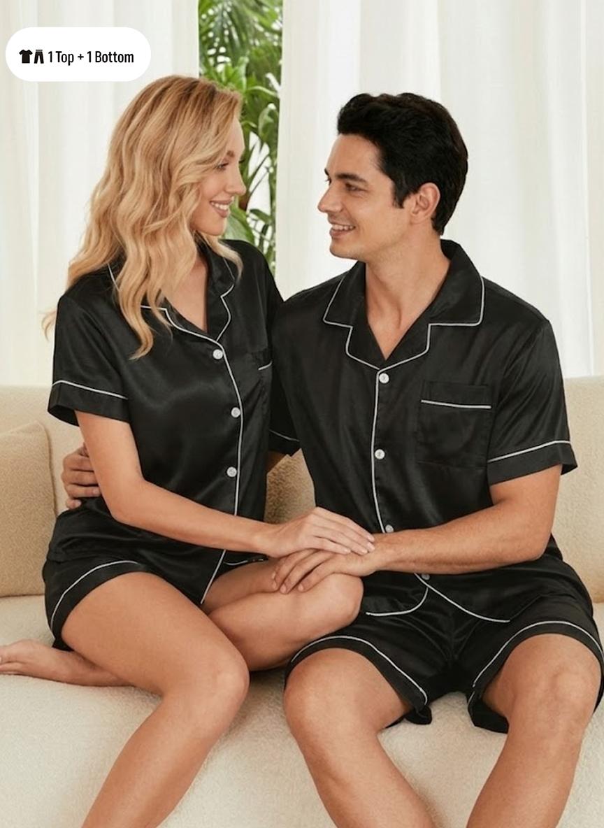 Couple Sleepwear Set, Short Sleeve Shorts, Pure Color, Comfortable Lounge Wear, Summer Ice Silk Two-Piece Set, Men's and Women's Open Front