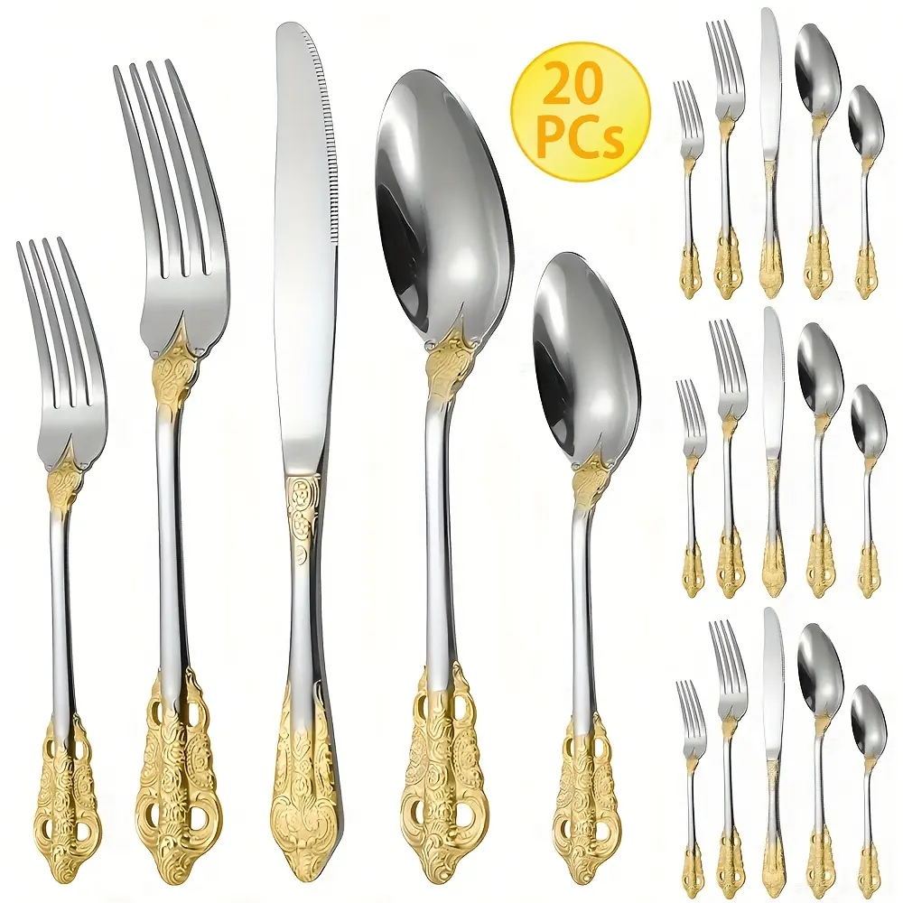 5/20 Piece Stainless Steel Silverware Set, Retro Style, Vintage Design Cutlery, Includes Knife Spoon And Fork For Kitchen,Dishwasher Safe Tableware Cutlery Set, Flatware Set Suitable For Hotel And Restaurant, Vintage Utensils Set