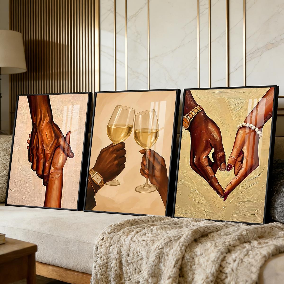 3 Counts Aluminum Alloy Framed Painting, Romantic Couple Hands And Wine Glass Canvas Art, Home Decoration For Living Room, Bedroom, Office, Restaurant, Hallway Wall Decor, Odorless Print Artwork, Luxury Perfect Gift For Friends And Family