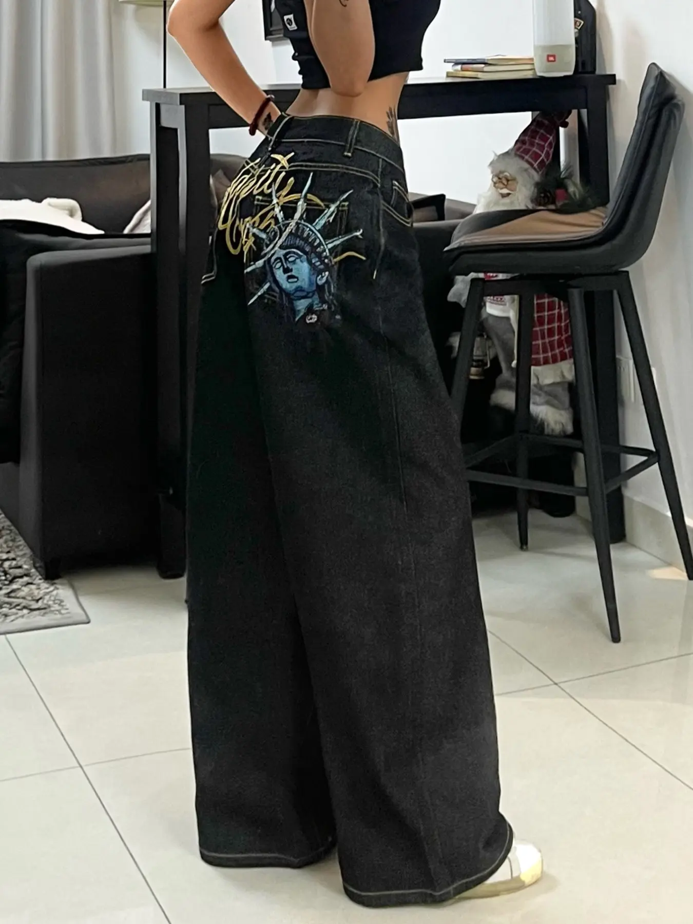 Women's Street Style Letter Embroidered Jeans, High Waist Loose Fit Wide Leg Pants, Comfortable All-Season Long Trousers