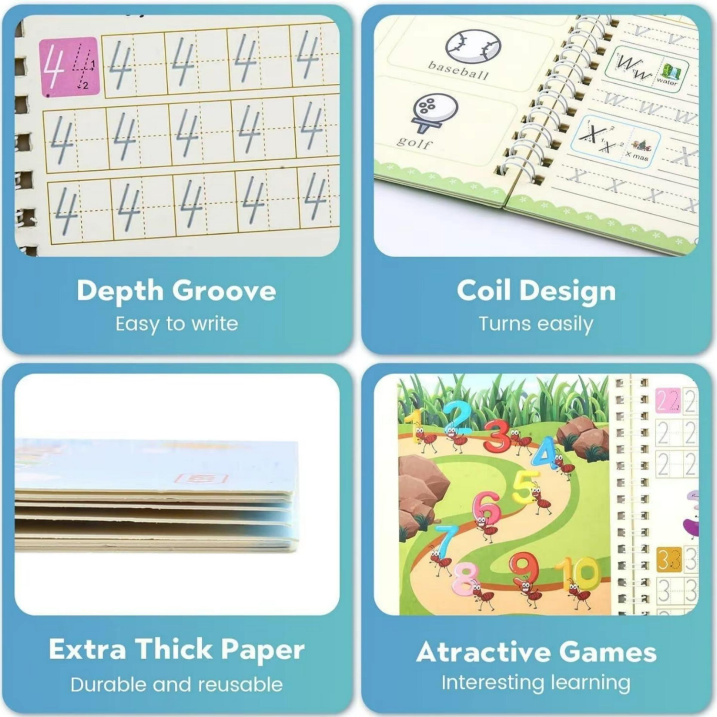 Magic Practice Scribe Book Set, 4 Counts/set Reusable Number & Letter & Math & Drawing Practice Scribe Book with 1 Count Pen, 10 Counts Refills & 1 Count Pencil Grip, Tracing Preschool Books