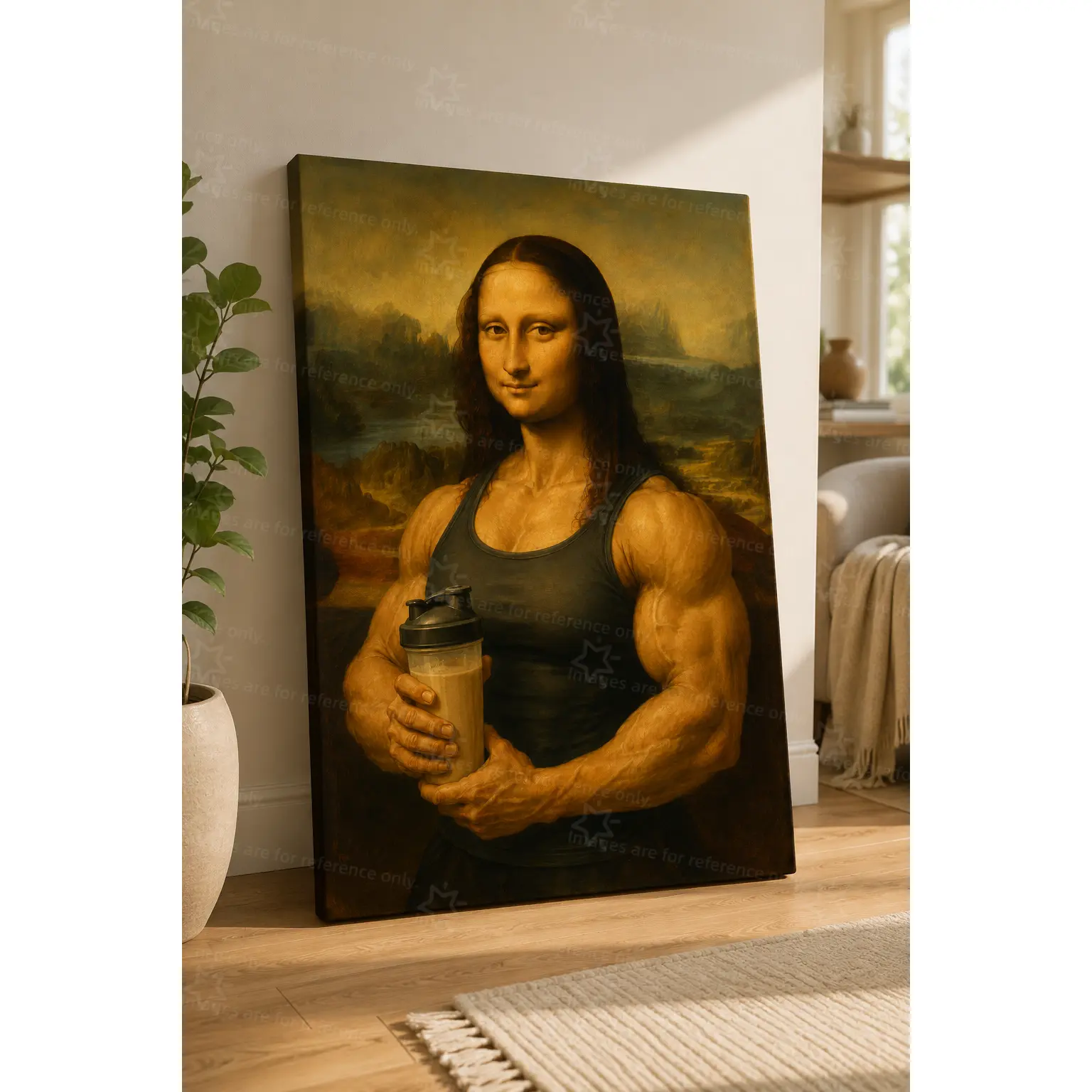 2D Flat, 2D Flat No Frame 1pc Muscular Mona Lisa with Protein Shake Pattern-Female Bodybuilding Art, Modern Female Anatomy Theme, Suitable for Wall Decor in Gyms, Offices, and Fitness Spaces, Unique Design, 2D Flat,Halloween Christmas Decor