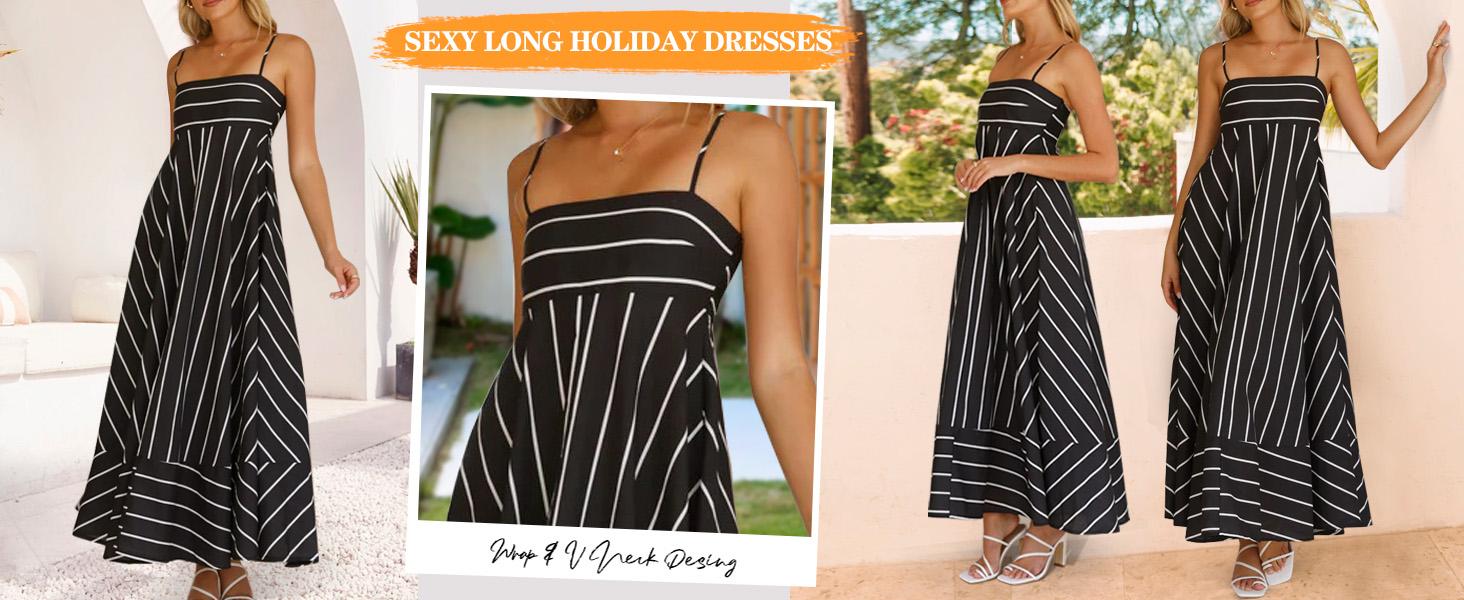 Chouyatou Women's Summer Sleeveless Spaghetti Strap Striped Maxi Dress Bohemian Style Elastic Back Design Flowing Beach Dress SpringStatements