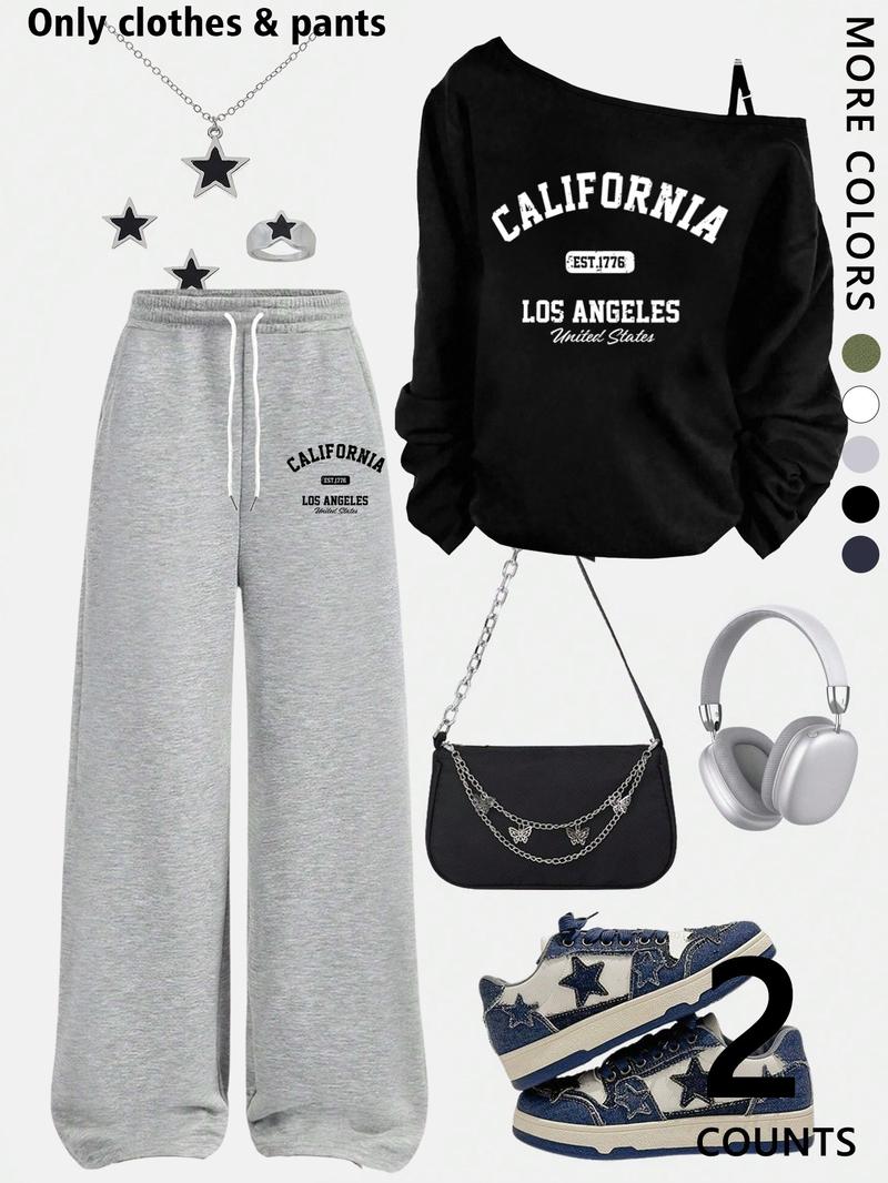 A teenage girl's off-shoulder top and wide-leg casual trousers; a loose-fitting, oversized casual long-sleeved top with a letter print paired with loose-fitting drawstring trousers; soft, suitable for women, and versatile. A teenage girl's off-shoulder top and wide-leg casual trousers; a loose-fitting, oversized casual long-sleeved top with a letter print paired with loose-fitting drawstring trousers; soft, suitable for women, and versatile.