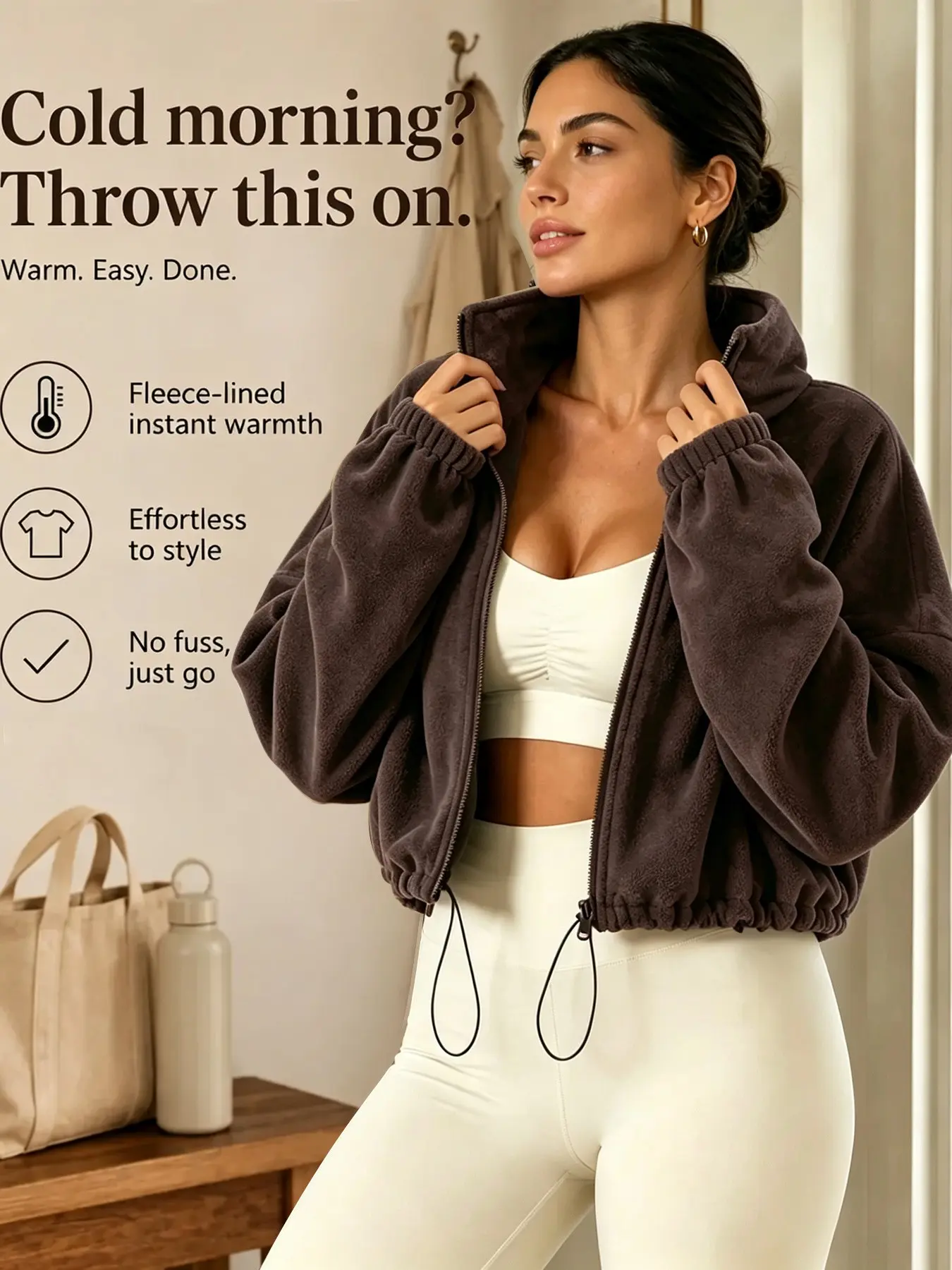 Women's Fall Winter Short Polar Fleece Zipper Jacket, Fashion Loose Fit Daily Wear, Casual Outerwear for Women