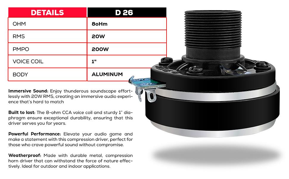 5Core Compression Driver 200W Peak Power Aluminum Tweeter Diaphragm 8 Ohm Horn Speaker