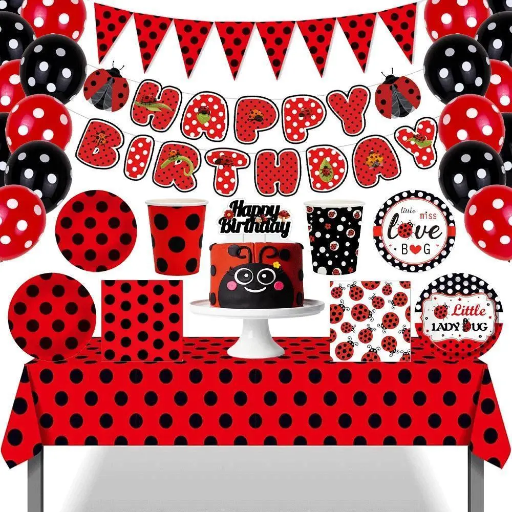 2026 New hot item Red Black Polka Dot Party Supplies Ladybug Theme Tableware Plates Cups Napkins Balloon Kids Girl Birthday Decoration Baby Shower