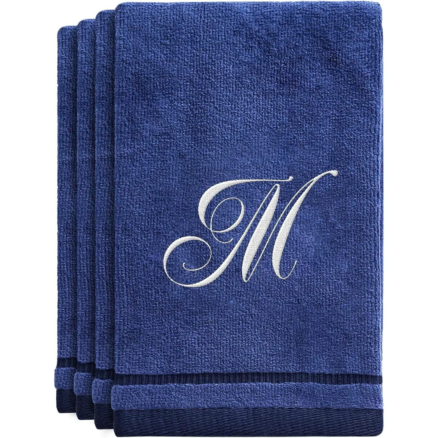 4 Pack 11x18 Personalized Initial Fingertip Towels - White Embroidery on Navy Blue Modern Monogrammed Towels, Great Personalized Gift for Women Teachers Friends Bridesmaids, Initial M