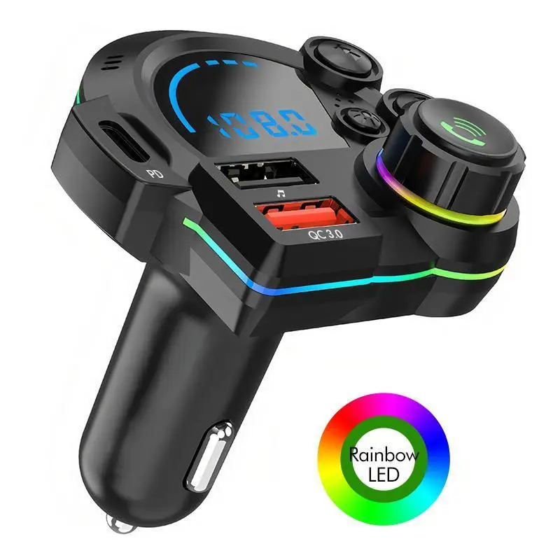 PD 20W Type-C Bluetooth 5.3 FM Transmitter Car Charger with Ambient Lighting, LED Display, HD Bluetooth, Dual USB Ports, Bass Enhancer, RGB Glow, Hands-Free Calls, 12V-24V Bluetooth Car Adapter, Road Trip Essentials