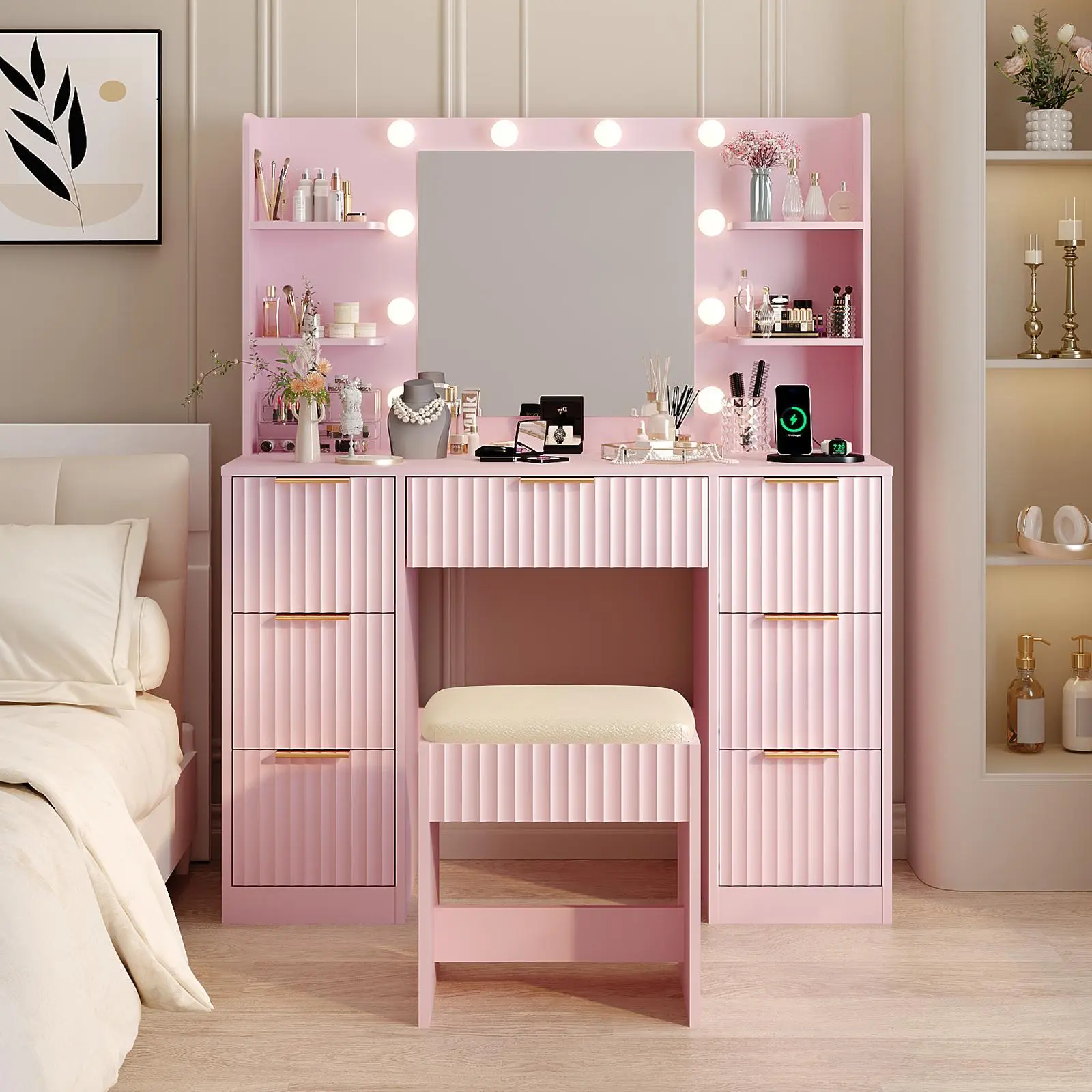 Ktaxon Pink Modern Fluted Makeup Vanity Desk with Mirror Lights Power Outlet 7 Drawers 4 Shelves Charging Station for Bedroom tiktokshopbacktoschoolcheap vanity