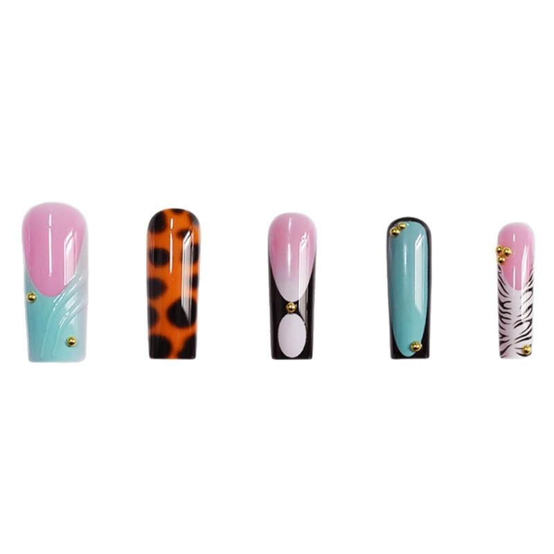 24pcs 3D Mixed Pattern Square Nails, Zebra Leopard Lake Blue Design with Gold Beads, Glossy Reusable False Nails, Y2K Style, Party & Daily Wear