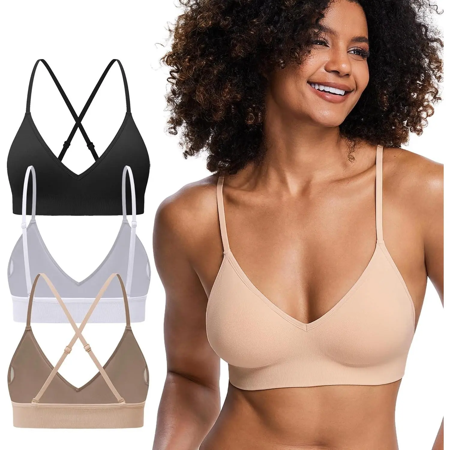 3/6 Pack Women's V Neck Bralette, A-D Cup Lightweight Wireless Padded Lounge Bra Set for Everyday Wear and SleepGift