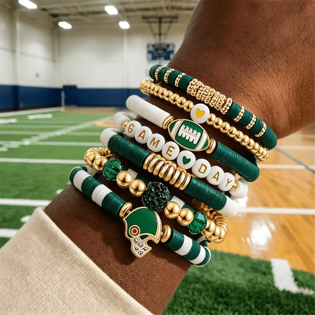 Multi-Layered Stackable Bracelets - Hypoallergenic Green & White Letter Bead Bangles, Suitable for Casual Attire, Valentine' Gift, Year-Round for Him/Her