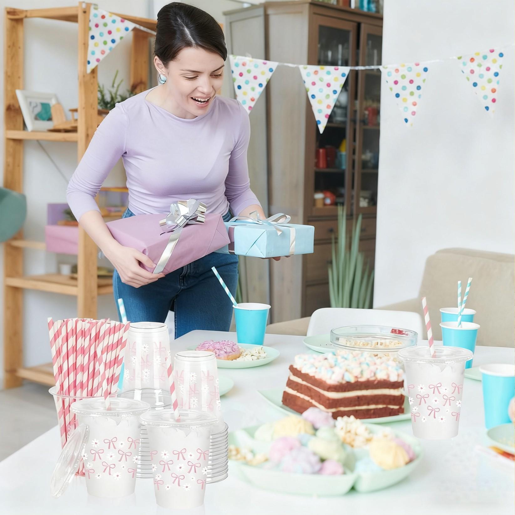 Cute Bowknot Daisy Party Cups, Straws & Lids, Disposable Tableware for Women Events, Wedding, New Year, Christmas