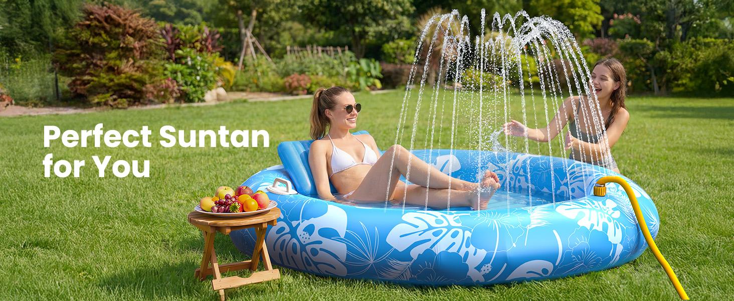 DSQUU XL-Inflatable Tanning Pool Lounger Float with Sprinkler, 72"x65" Round Pool Float Adults with Pillow XL Cup Holder Handle Blow Up Tanning Bed for Summer Sunbathing Water Lounge Party Gifts, Blue