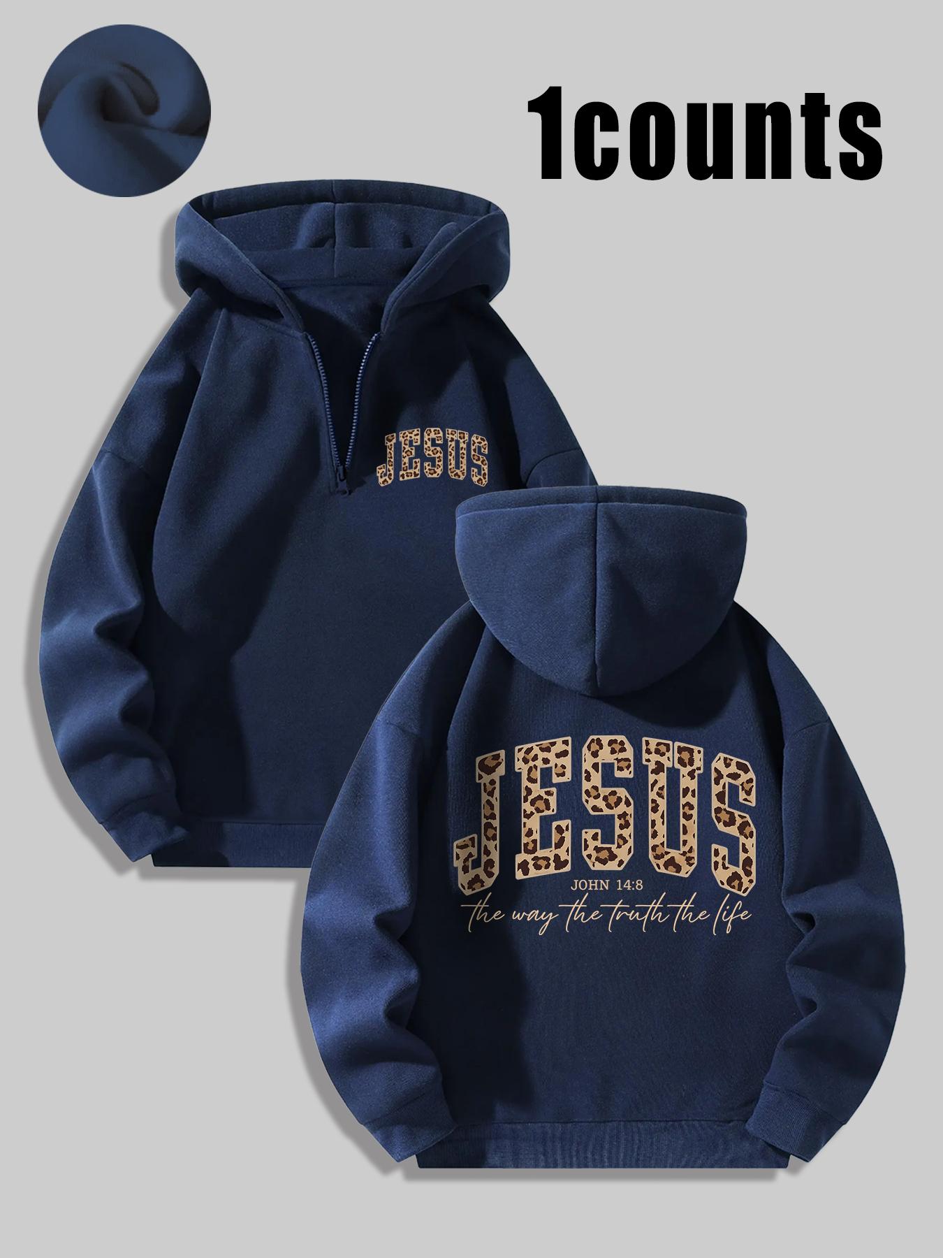 Women's Oversized Leopard Print Christian Hoodie, Half Zip Fleece Sweatshirt with Biblical Verse John 14:8 Jesus Graphic, Trendy Faith-Based Streetwear Oversized Hoodie for Women, Christian Jesus Sweatshirt, The Way The Truth The Life