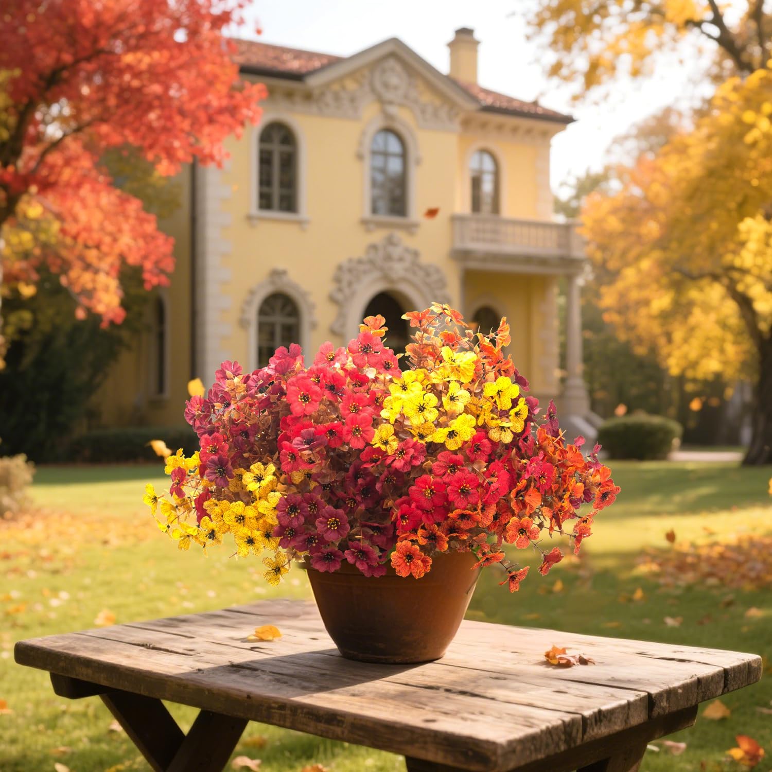 12 Bundles UV Resistant Artificial Fall Flowers for Outdoor - No Maintenance Thanksgiving Decor with Orange Blooms, Faux Silk & Plastic Plants, Fake Flower Plants for Porch, Yard (Fall Coffee Mix)