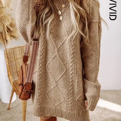 Women's Casual Round Neck Solid Color Cable Knit Drop Shoulder Short Sweater Dress Knitting, Fall & Winter Clothing, Comfortable Daily Wear